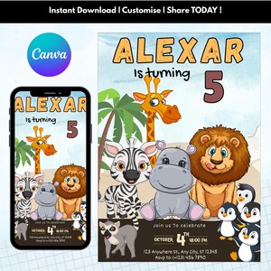 Convite editável de aniversário de Madagascar para festa selvagem, download instantâneo, modelo de convite de aniversário de zoológico personalizado, amante de animais