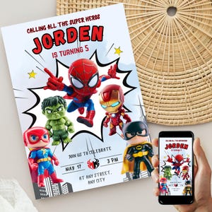 Modelo de convite de aniversário de super-herói editável, convite digital de super-herói, cartão de convite de super-herói para download instantâneo Evite de super-herói