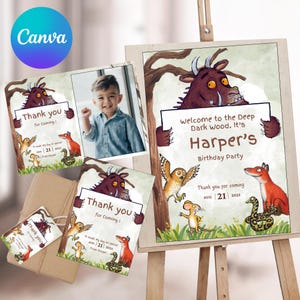 Editable Gruffalo Birthday Welcome Sign Thank You Card Tag Bundle Custom Gruffalo Party Wild Themed Birthday Signs Instant Download