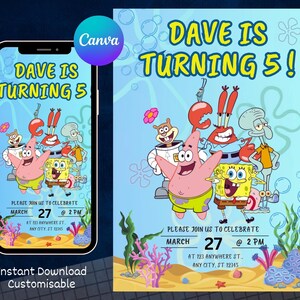 Invitación de cumpleaños editable de Bob Esponja, Bob Esponja digital, fiesta personalizada, Evite, video móvil, descarga instantánea