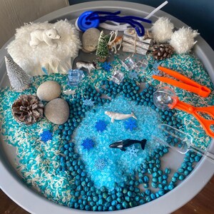 May include: A blue and white sensory bin with a winter theme. The bin contains blue rice, blue and white beads, blue snowflakes, white ice cubes, and small plastic arctic animals. There are also white rocks, a pine cone, and a white polar bear.