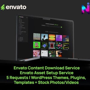 Può includere: Un laptop mostra l'interfaccia del sito web Envato, con varie risorse digitali. Lo schermo presenta una griglia di miniature colorate. Il logo Envato è visibile in alto a sinistra e un altro logo in alto a destra. Il testo in basso descrive i servizi.