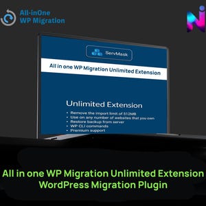 Może przedstawiać: Ekran laptopa wyświetla tekst "All in one WP Migration Unlimited Extension" na niebieskim tle. Tekst podkreśla funkcje takie jak usuwanie limitów importu i przywracanie kopii zapasowych. Logo "All-inOne WP Migration" znajduje się w lewym górnym rogu.
