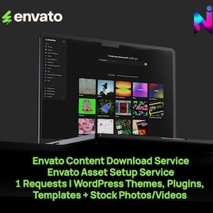 Puede incluir: Una computadora portátil muestra la interfaz del sitio web de Envato, mostrando varios activos digitales. La pantalla presenta una cuadrícula de miniaturas coloridas. El logotipo de Envato es visible en la esquina superior izquierda. El texto dice: Envato Content Download Service.