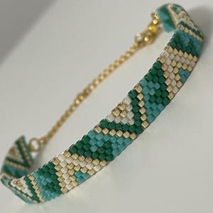 Green Miyuki Seed Bead Loom Bracelet: Dainty Triangle Design Woven Cuff Jewelry