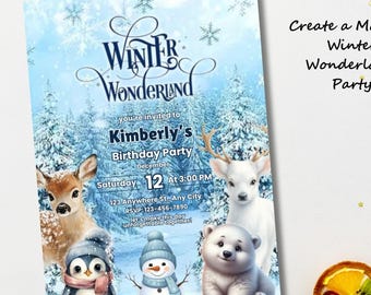 Winter Wonderland verjaardagsuitnodiging, bewerkbare canvassjabloon (digitale download) Kids Animal Winter Party uitnodiging sneeuwvlok afdrukbare