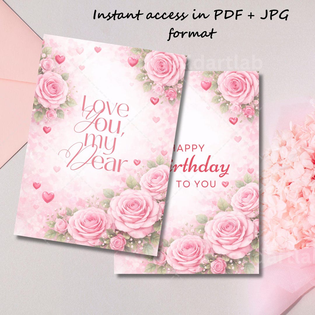 Watercolor Pink Rose Greeting Card, Floral Birthday, Anniversary (PDF ...