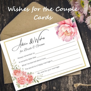 Tarjeta de felicitación de boda personalizada para la feliz pareja: plantilla imprimible DIY para consejos de novios, flores rosas con marco dorado.