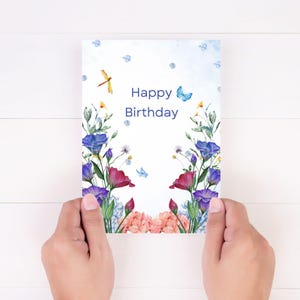 Cartão de aniversário floral para impressão – Cartão digital fofo com flores, saudação de feliz aniversário, aquarela, cartão de flores silvestres, jardim
