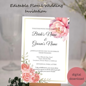 Wildblumen Hochzeit einladen: Personalisieren Sie Ihren besonderen Tag mit rosa Rosen und Gold Touches bearbeitbare Blumenhochzeitskarte