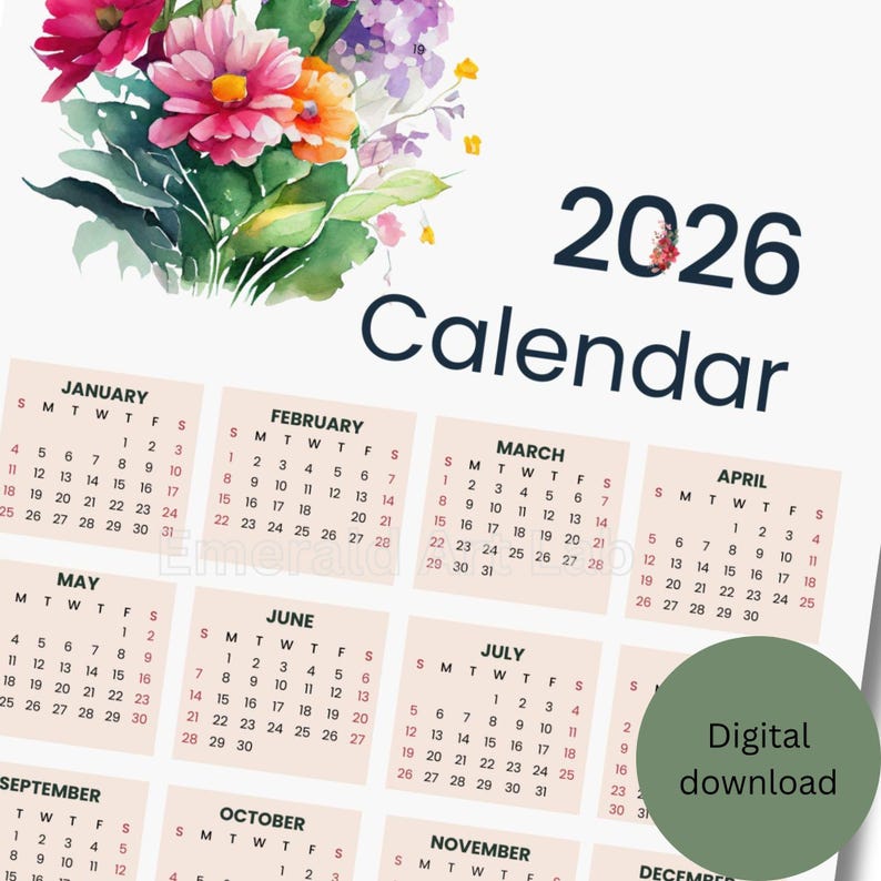 2026 Watercolor Flower Calendar Printable One Page Wall Art Calendar ...