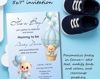 Blue Bear Baby Shower Invitation Editable Canva Template Customizable Cute Teddy Hot Air Balloon Its A Boy Invite Printable Bear Theme
