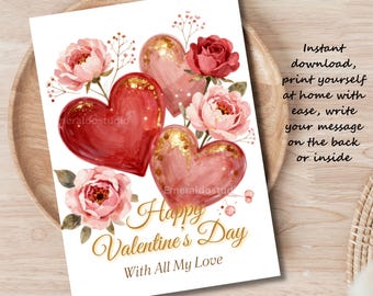 Biglietto di San Valentino stampabile in formato digitale con cuori e rose ad acquerello. Buon San Valentino!