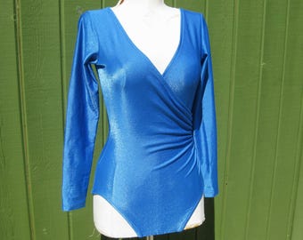 Vintage 80s Gilda Marx Blue Nylon Lycra Bodysuit Leotard Flexatard Medium