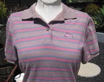 Vintage 80s Garan Gray & Pink Striped Polo Shirt Women's Collared Pullover Top