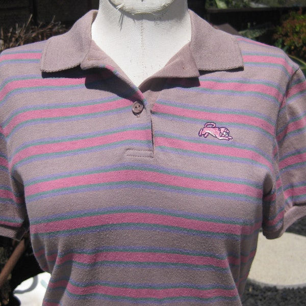 Vintage 80s Garan Gray & Pink Striped Polo Shirt Women's Collared Pullover Top