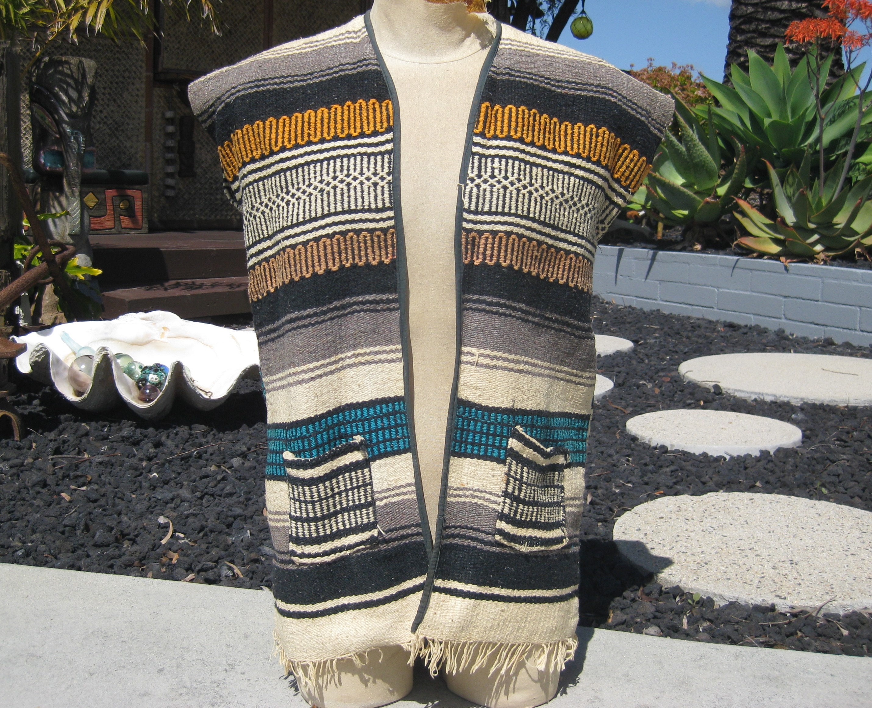 Vintage 60s Mexican Blanket Poncho Beatnik Fringe Hippie Biker - Etsy