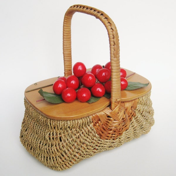 Vintage 50s Off to the Market - Red Cherries Woven Basket Purse Hand Bag