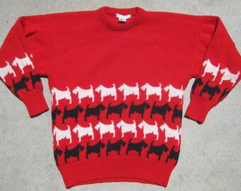 Vintage 80s Women's Novelty Print Scottie Dog Wool Sweater Knit Pullover Medium