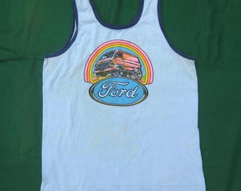 Camiseta sin mangas vintage de los años 70 de Ford Van, azul, mezcla de algodón y poliéster, con ribete arcoíris para hombre.