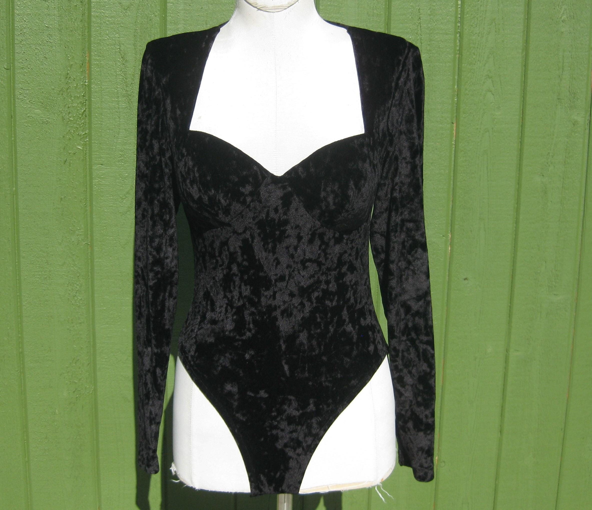 Vintage Victoria's Secret Black Crushed Velvet Stretch Spandex Bustier Bodysuit