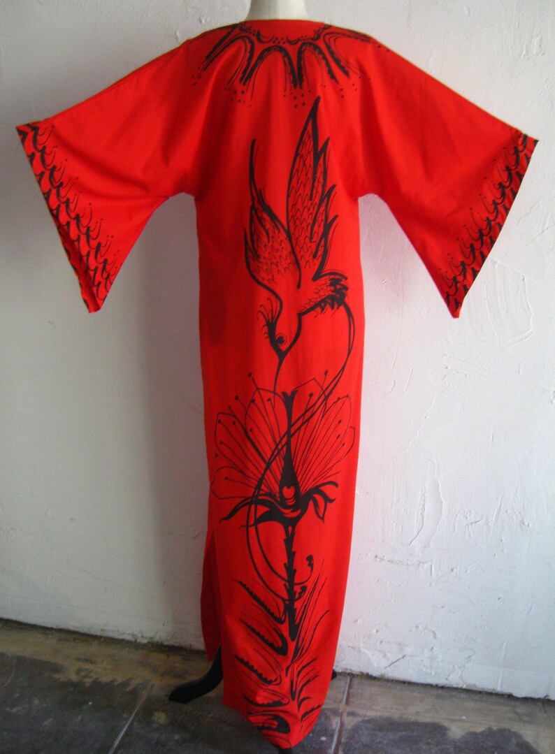 Vintage Red Cotton Pake Muu Style Hummingbird Print Tiki Caftan Dress
