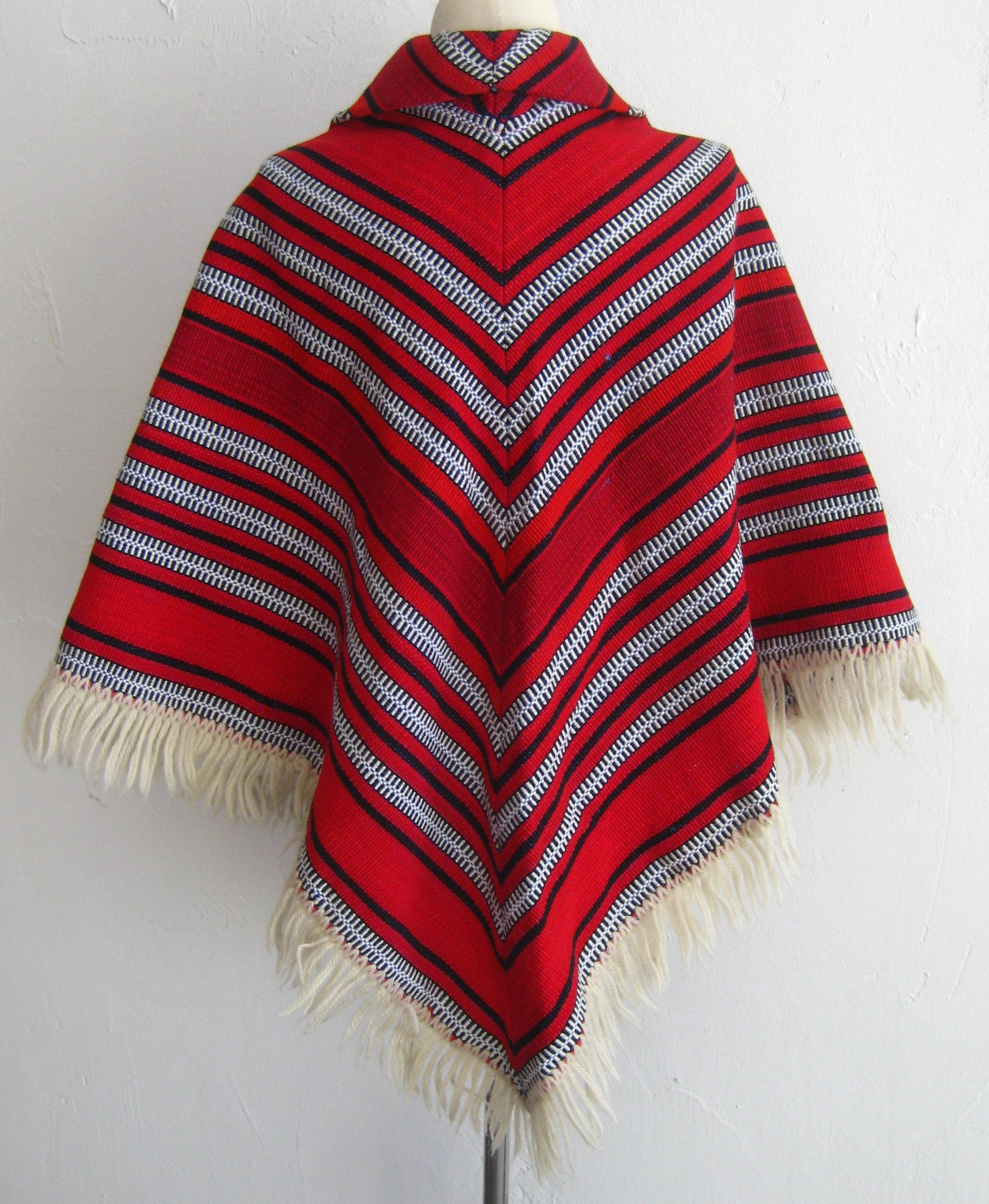Vintage Handwoven Red White & Black Woven Wool Blanket Fringe | Etsy