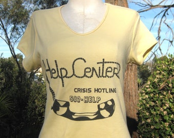 Vintage 80s California State University Monterey Bay Crisis Call Center Help Line Hotline Yellow V-Neck T-Shirt Tee T Shirt Top