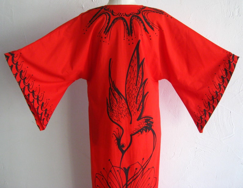 Vintage Red Cotton Pake Muu Style Hummingbird Print Tiki Caftan Dress