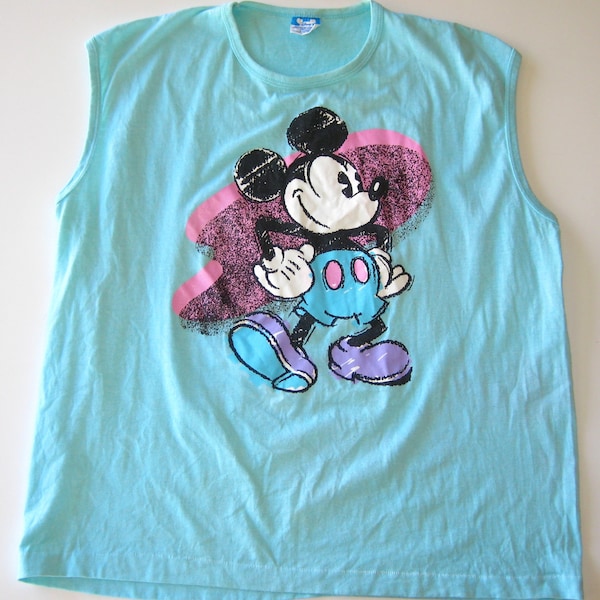 Vintage 80s Disneyland Blue New Wave Mickey Mouse Crew Neck Sleeveless T-Shirt Tshirt XL