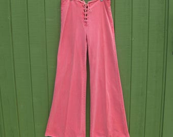 Vintage 70s Faded Red Lace Up Denim Flares Bell Bottom Jeans L'Amour 'N Stuff
