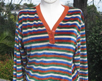 Vintage 70s Women's Striped Velour Knit Long Sleeve Pullover Henley Shirt