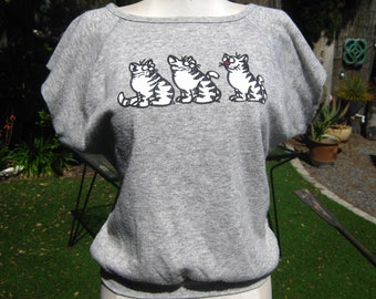 Vintage 80s Cat Print Short Sleeve Gray Fleece Sweatshirt Pullover Shirt Women's