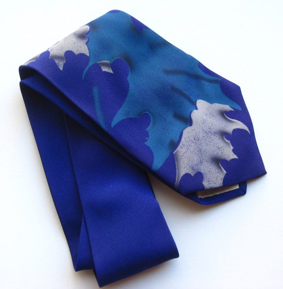 Vintage 40s Hand Painted Leaves Blue Rayon Men's … - image 9