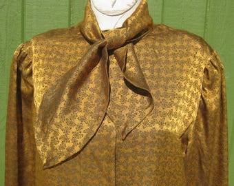 Vintage Guy Laroche Gold French Silk Button Up Bow Blouse Shirt 38