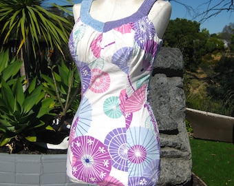 Vintage 50s DeWeese Parasol Novelty Print Smocked Cotton Bathing Swim Suit Swimsuit