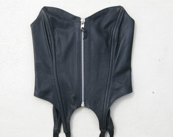 Vintage Black Leather Zip Front Corset Bustier Top Garter Straps S/M