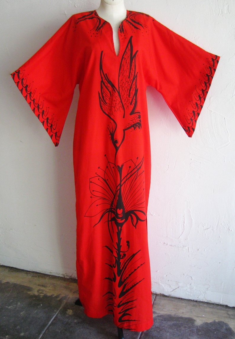 Vintage Red Cotton Pake Muu Style Hummingbird Print Tiki Caftan Dress