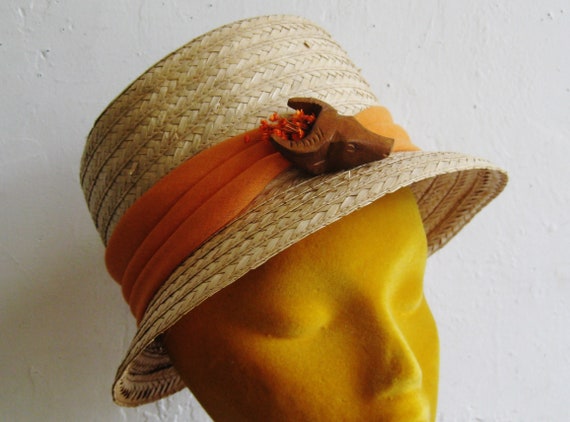 Vintage 50s Goody Woven Straw Orange Scarf Novelt… - image 1