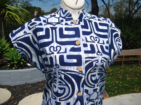 Vintage 50s Waikiki Sports Blue Hawaiian Print Cot