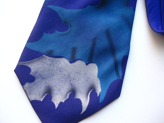 Vintage 40s Hand Painted Leaves Blue Rayon Men's … - image 5