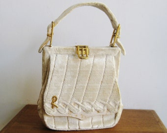 Vintage 60s Roberta di Camerino White Velvet Carpet Neiman Marcus Purse Top Handle Handbag