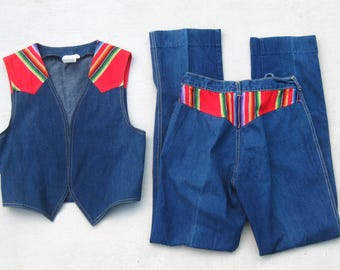 Vintage 70s Fredericks of Hollywood Denim Blue Jeans & Matching Serape Western Vest Set