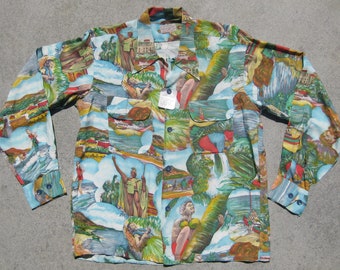 Vintage 40er Rayon Krepp Fotodruck Aloha Hawaiihemd Deadstock M