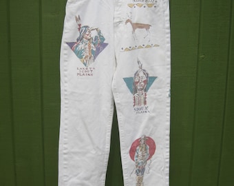 Pantalones vaqueros vintage Polo Ralph Lauren pintados a mano, de mezclilla blanca india, con cierre de botones, hechos en EE. UU., talla 30w