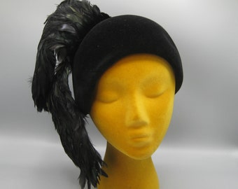 Vintage 60s Jack McConnell Boutique Black Wool Felt Feather Toque Hat