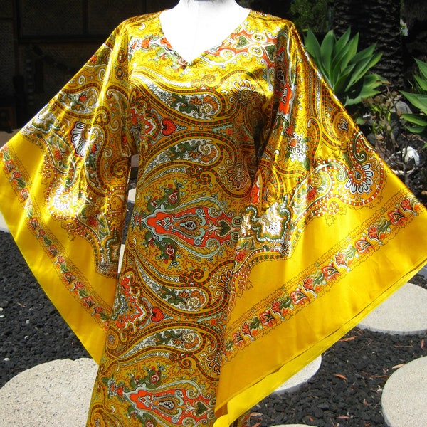 Vintage 60s Gold Paisley Satin Kimono Sleeve Dashiki Caftan Goddess Gown Dress