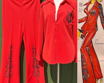 Vintage 70s Fredericks of Hollywood Red Orange Embroidered 2pc Pants & Blouse Set