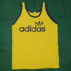 Vintage 80er Jahre Adidas Logo Gelb Cotton Poly Blend Herren Ringer Fun Tank Top
