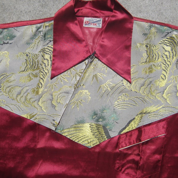 Vintage 40er Jahre japanische Rayon Satin Tiger Print Herren Pullover Langarm Souvenir Shirt